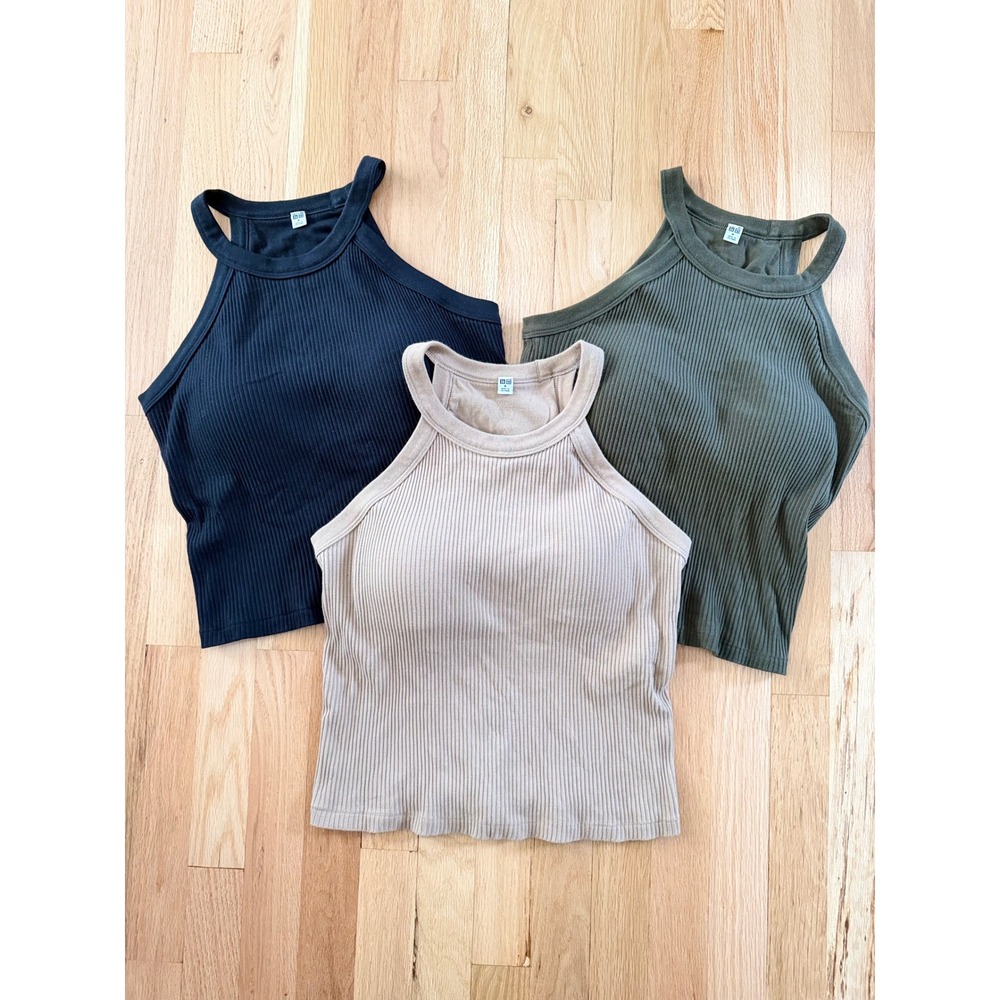 Uniqlo Ribbed Halter Neck Bra Top Bundle Set of 3 Black Olive Green Tan Size M